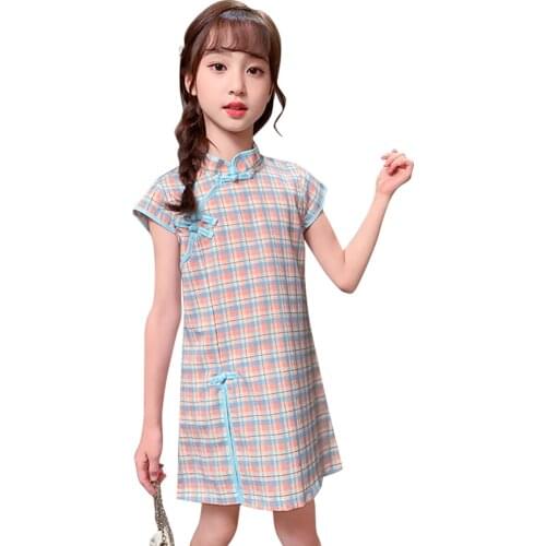 Girls Dress Plaid Pattern Dresses For Girl Summer Party Dress Child Chinese Style Childrens Clothing 6 8 10 12 14