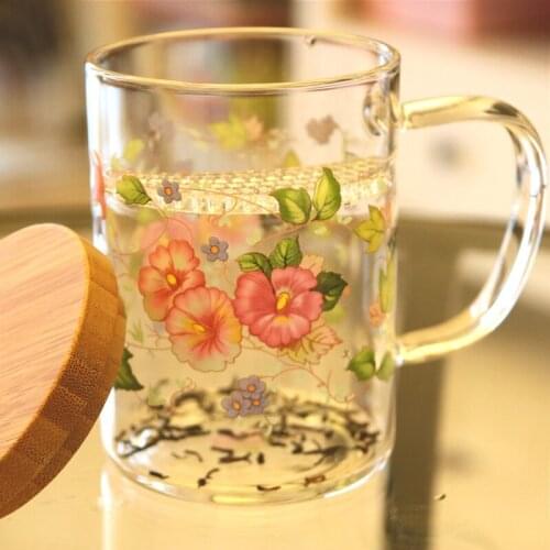 8.2x12.5cm morning glory pattern transparent thickened Heat-resistant glass cup with lid teacup with tea leak handle cup