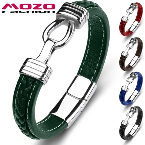 Retro New Arrival Genuine Leather Stainless Steel Bangle Women High Quality Fashion Jewelry Mens Bracelet Green
