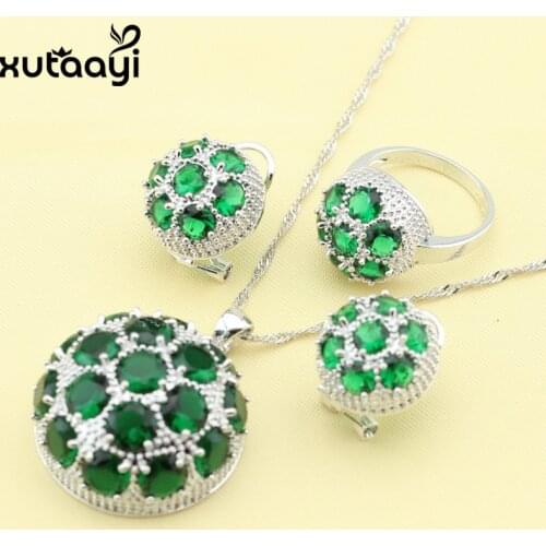 Made in China Fashion Silver Jewelry Sets Huge Green Created Emerald Sweet Necklace Rings Earrings Christmas Gift For Women