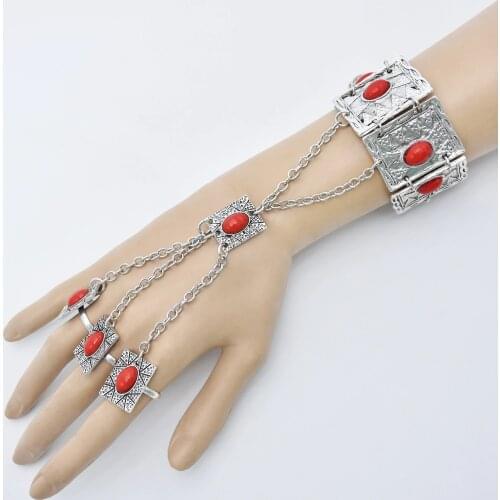 Vintage Metal Red Stone Necklace Bracelet Earrings Sets for Women Bohemian Gypsy Party Jewelry Sets