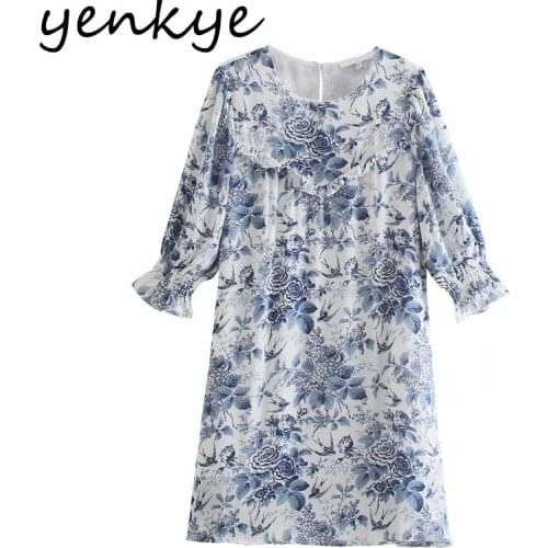 YENKYE Vintage Floral Print Holiday Casual Dress Women O Neck Half Sleeve Straight Short Dress Female Prairie Chic Summer Robe