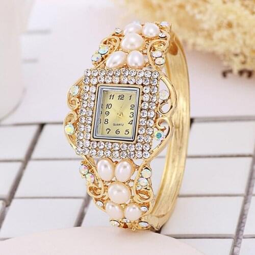 Pearl Fashion Womens Diamond Pearl Bracelet Table Pearl K Gold Bracelet Watch Pearl Bracelet Watch Dress Watches Women