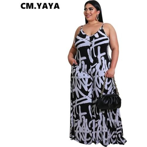 CM.YAYA Plus Size XL-5XL Letter Print Spaghetti Strap Elastic Jumpsuit Women Street One Piece Overall Romper 2021 Spring winter