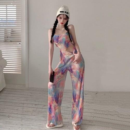 Personalized Fashion Tie Dyeing Suit Womens Summer Irregular Sleeveless Vest +casual Wide Leg Pants Two Piece Set