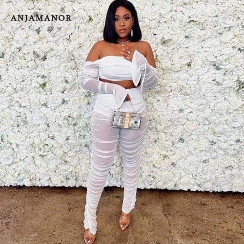 ANJAMANOR White Black Mesh Two Piece Set Long Sleeve Crop Top and Stacked Pants Sexy Birthday Club Outfits for Women D16-DF32