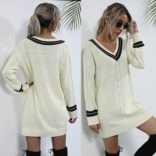 2021 autumn European and American twist stitching Solid color v-neck long base knitted sweater skirt women harajuku dress