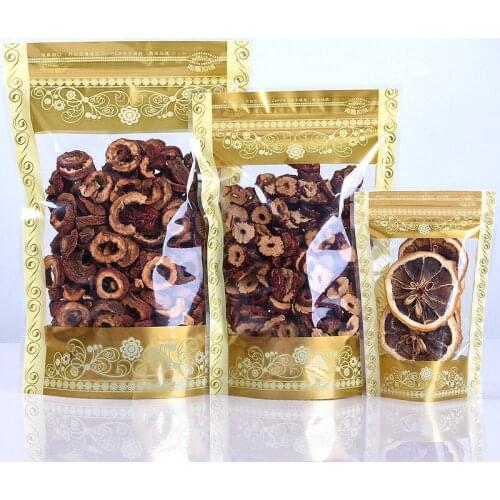 100pcs Stand up Gold Clear Plastic Ziplock Bag Resealable Snack Tea Spice Cereals Sugar Gifts Heat Sealing Fridge Fresh Pouches