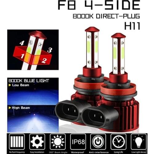 4-Sides H8 H9 H11 LED Combo Head Light High/Low Beam Bulb Super Bright Ice Blue 8000K
