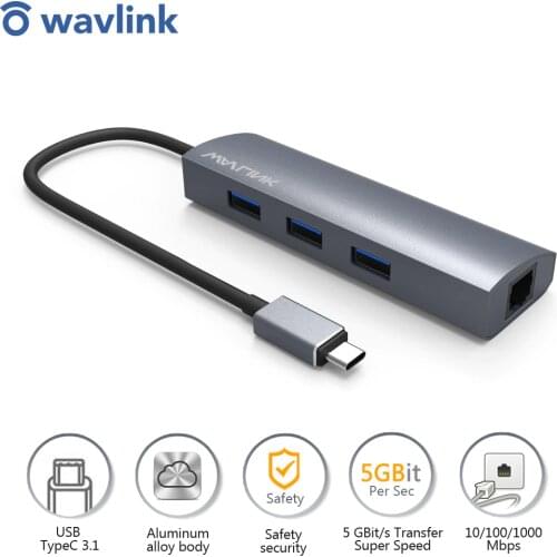 Wavlink USB C 3.1 to Gigabit Adapter Series 3-Port USB 3.0 Aluminum Hub With Type C Adapter+RJ45 Gigabit Ethernet LAN Port-Gray
