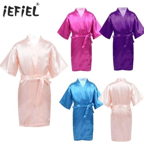 Spring Kids Bathrobe Solid Color Japanese Kimono Fashion Spa Birthday Satin Bathrobe for Boys Girls Robe Nightgown Sleepwear