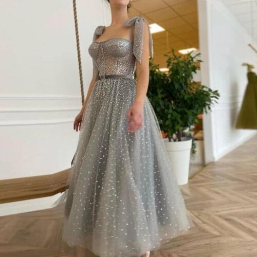 Sparkly Sequin Tulle Silver Gray Prom Dresses Sweetheart Tea-Length A-Line Short Formal Party Gowns Vestido De Fiesta De Boda