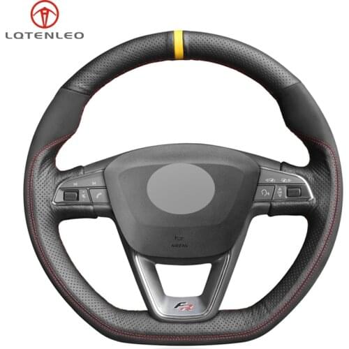 Black Genuine Leather Suede Sew Car Steering Wheel Cover For Seat Leon Cupra Leon ST Cupra Leon ST Cupra Ateca Cupra Ateca FR