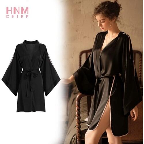HNM Black Ice Silk Robe Sexy Robes Cardigan Temptation Sleepwear Women Summer Yukata Ladies Nightgown Sexy Pajama Nightdress