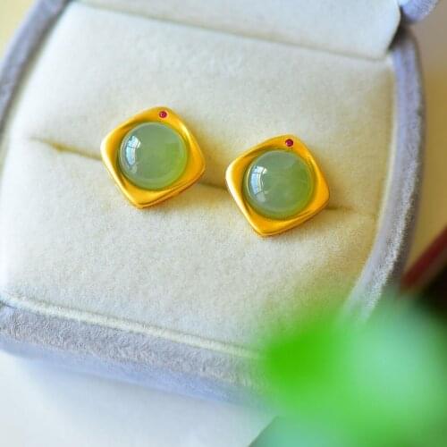 Hetian Jade Ear Studs Green Gemstone Earrings 2020 New Ins Style Geometric Square Earrings Womens Sterling Silver Anti-Allergy