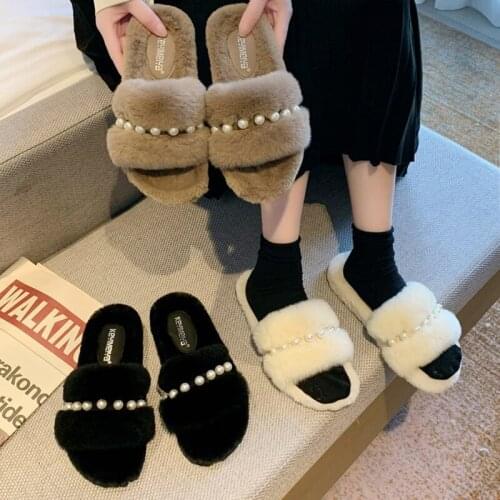 Ins String bead rubbit fur slippers women winter shoes woman warm plush pantuflas flat fleeces sandalias pearl furry slides 2021