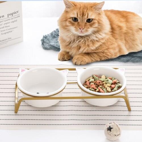 Ceramic Tilted Elevated Cat Dog Bowl Raised Cat Food Water Bowl Dish Pet Comfort Feeding Bowls with Gold Iron Stand