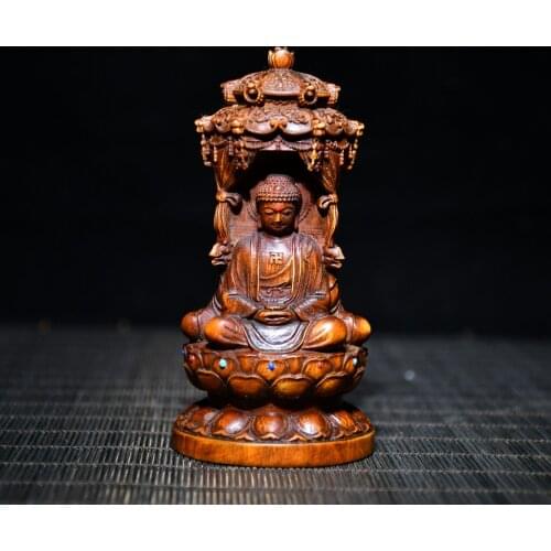 4"China Lucky old Boxwood mosaic Gem Three Holy Buddhas Three-faced Buddha Sakyamuni Office Ornaments Town House Exorcism