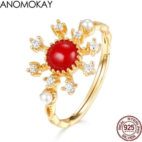 Anomokay Classic Red Coral Snowflake White Zircon Gold Color Rings for Engagement 925 Silver Resizable Pearl Ring for Women Gift