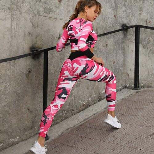 Yoga Set Women Camouflage Shirts Sports Fitness Leggings Suits Gym Clothing Crop Top+Running Pants Workout Clothes Suit