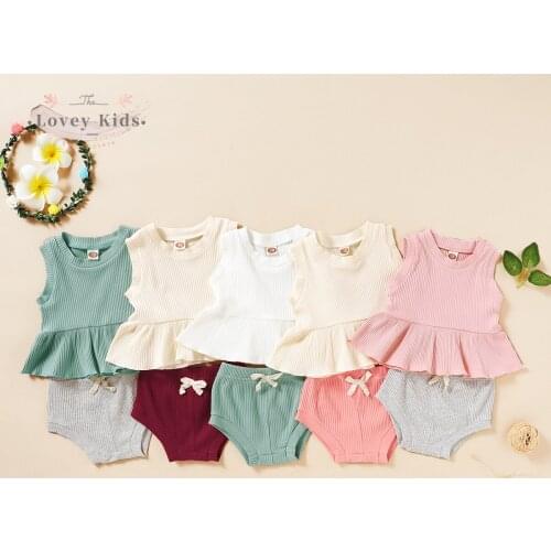 2020 Toddler Baby Boy Girl Outfit Set Cotton Soft Solid Suit 2PCS Sleeveless Ruffle Top PP Shorts Costume 0-24M