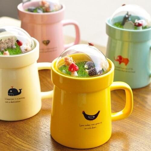 Creative Cartoon Animal Micro Landscape Ceramic Milk and Coffee Mug Large Capacity Office Tea Water Cups with Lid Beauty Gifts