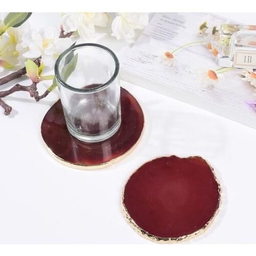 Round Shape Slice Electroplated Gold Edge Craft Pad Red Agate Natural Stone Crystal Coaster Cup Beverage Holder Mat Home Decor