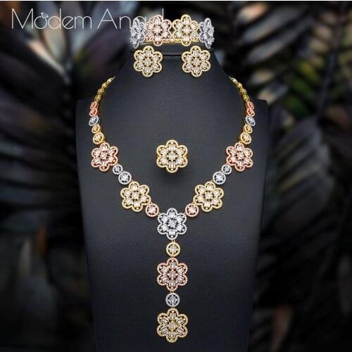 ModemAngel Delicate Flower Cubic Zirconia Gold Color Luxury Jewelry Necklace Bracelet Earring Ring Set