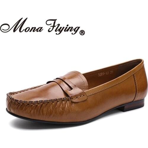 Mona Flying Womens Shoes Genuine Leather Loafers Slip-on Comfort Flat Penny Casual Classic for Ladies Girls 2020 New 8089-13