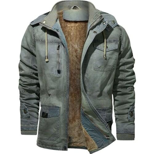 Mens Winter Casual Parka Washed Denim Jacket Outwear Coat Warm Hooded Jacket Male Fashion Thicken Fleece Military Overcoat