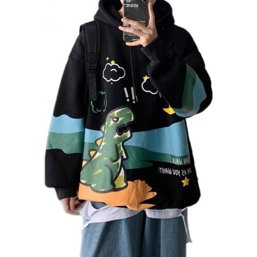 Men Winter Cartoon Dinosaur Print Pullover Long Sleeve Sweatshirt Loose Hoodie