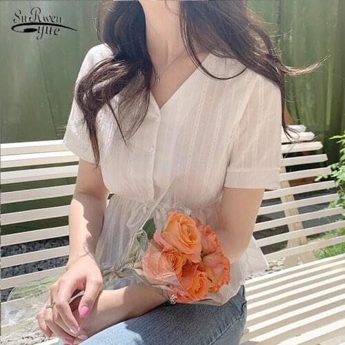 V-neck Solid Womens Tops and Blouses Short Sleeve 2020 Summer Chiffon Blouse Embroidered Lace-up Office Lady Clothes 10409