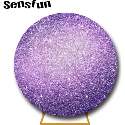 Sensfun Custom Purple Glitter Round Backdrop Cover Girls Sweet 16 18 Lady Woman Birthday Wedding Party Circle Background Elastic
