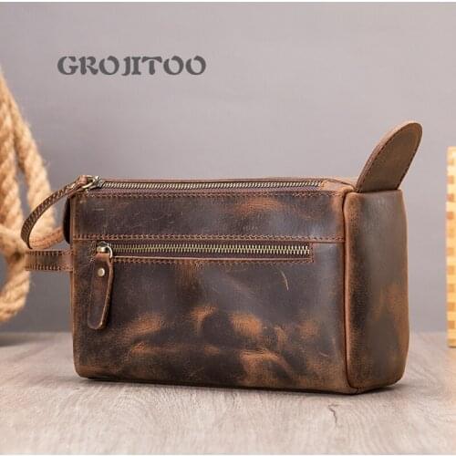 GROJITOO Genuine leather handbag mens handbag leather business handbag Crazy Horse Leather Handbag mens bag