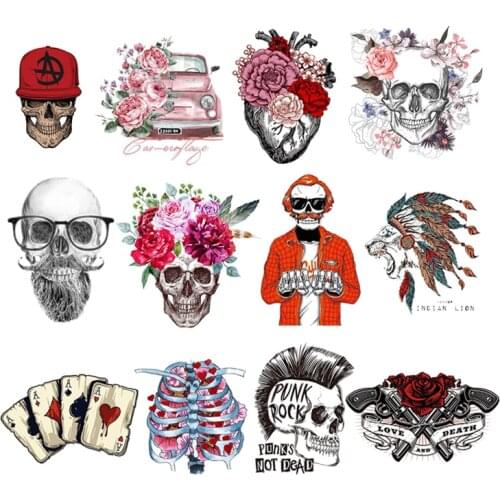 Punk Skull Heat Transfer Iron-On Clothes Accessories Mexican Heart Decoration Stripes On Jeans Back Fusible Patch Sticker Fabric