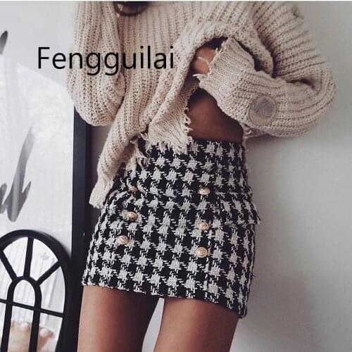 FENGGUILAI Hight Street New Fashion 2020 Spring Skirt Womens Lion Buttons Double Breasted Tweed Wool Houndstooth Mini Skirt