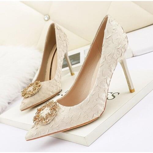 2021 Spring/Autumn Solid Pointed Toe Office Women Pumps Crystal Satin 9cm High Heels for Ladies Party Sexy Female Wedding Shoes