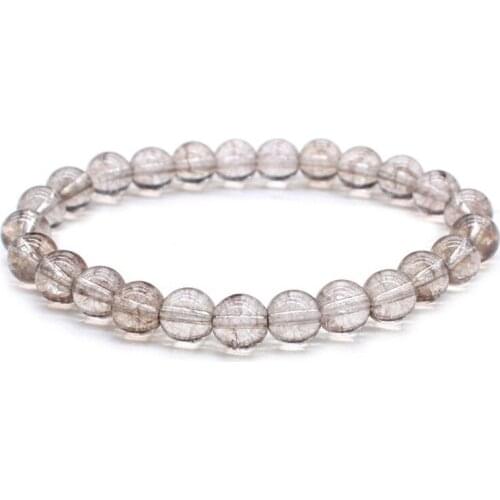 8mm Transparent Gray Cracked Crystal Clear Quartz Round Natural Stone Beads Elastic Cord Bracelet Chakra Jewelry