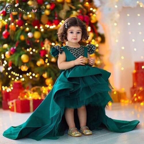 Glitter Ball Gown Kids Party Dress High Low Girl Princess Dress Green Birthday Dress Baby Girl Dress robe de princesse fille