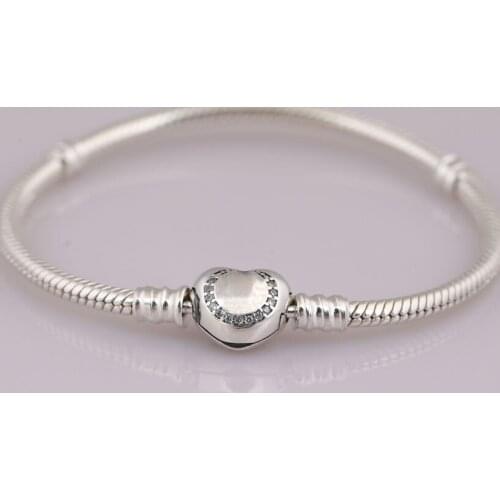 S925 Bracelet Bangle for Women Crystal Wishful Heart Snake Chain Beads fit Lady Bead Charm DIY Jewelry