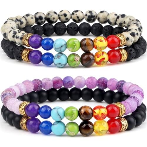 2Pcs/Set 7 Chakra Reiki Beads Bracelet Charm 6mm Natural Lava Weathered Stone Balance Prayer Bracelets&Bangles Men Women Jewelry