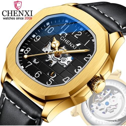 CHENXI Watch Men Automatic Mechanical Tourbillon Clock Fashion Business Watches Men Leather Waterproof Luminous Wrist Watch