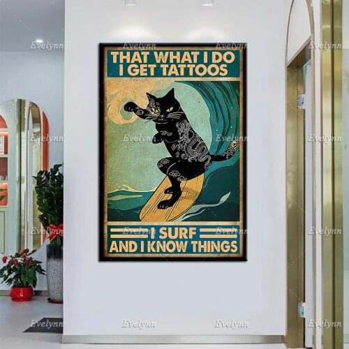 Black Cat Surfing That What I Do I Get Tattoos I Know Thing Retro Poster Dragon Tattoo Yakuza Home Decor Prints Wall Art Canvas