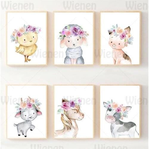 Nursery Decor Cute Chick Goat Horse Cow Pig Sheep Wall Art Cartoon Farm Animals Flower Canvas Painting Nordic Posters and Prints