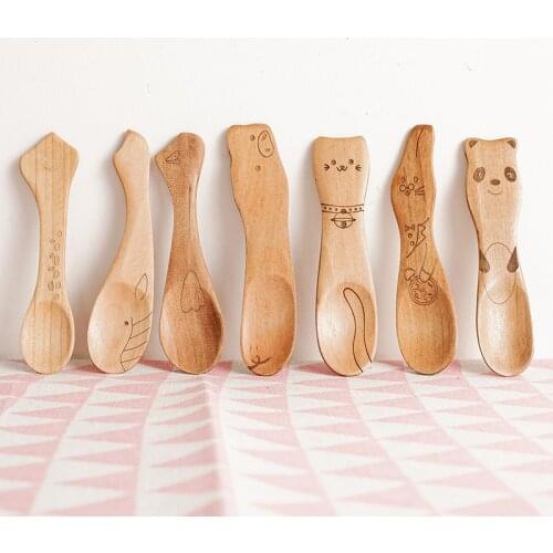 Dessert Spoon Cute Cartoon Ice Cream Scoop Summer Childrens Spoon Small Little Mini Natural Wooden Spoon Cutlery Tableware 1Pc