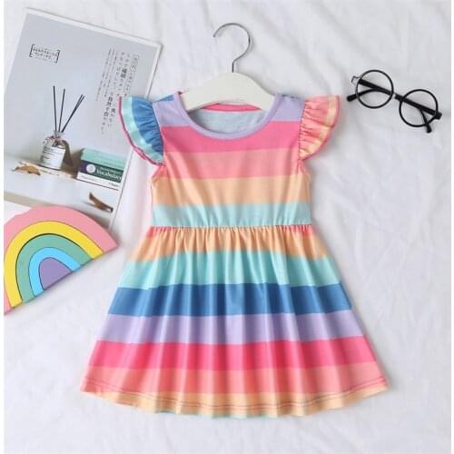 Girls Rainbow Striped Flying Sleeve Dress Princess Dress Kids
