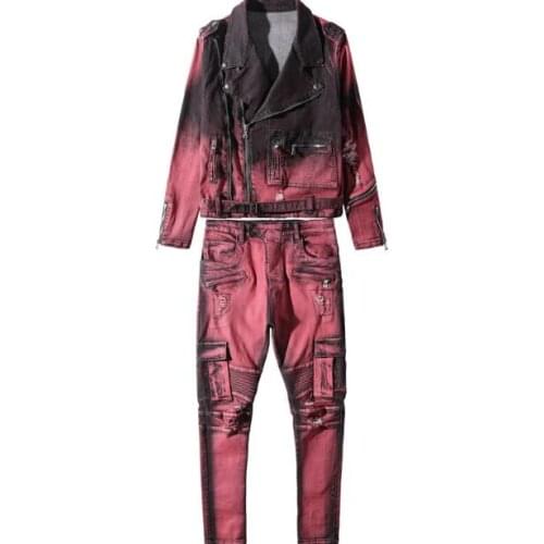 Top Harem Pants Jeans Casual Set Red Two-Piece Set Jeans female washed denim skinny pencil pants