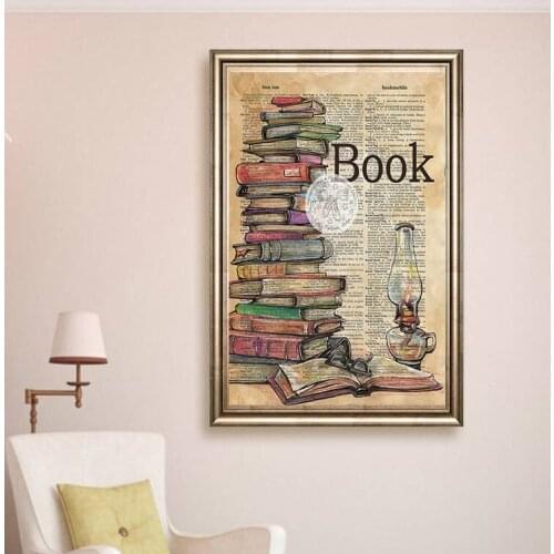 HD Print Home Decoration Oil Painting Books Kerosene Lamp Newspaper Style Wall Artwork Canvas Painting
