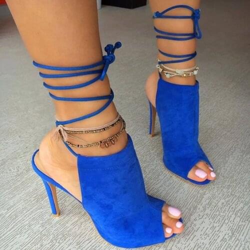 Hot selling women newest sexy blue high heel open toe slingbacks shoes lace up heels chuassure female shoes stilettos shoes