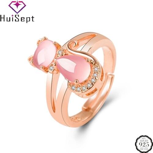 HuiSept Fashion Women Ring 925 Silver Jewelry Cat Shape Rose Quartz Zircon Gemstones Rose Gold Rings for Wedding Party Wholesale
